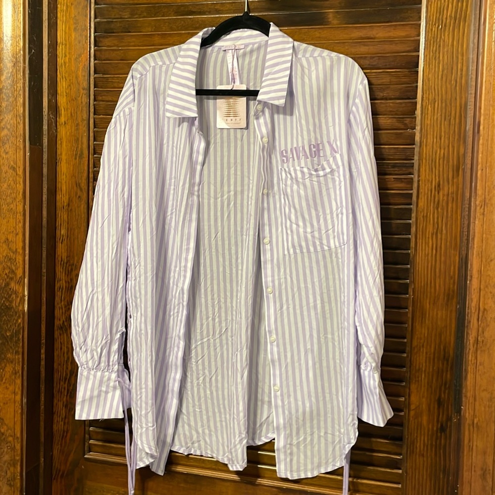 NWT Savage X Fenty Coastal Stripe Woven Voile Long Sleeve Sleep Shirt - Picture 4 of 7